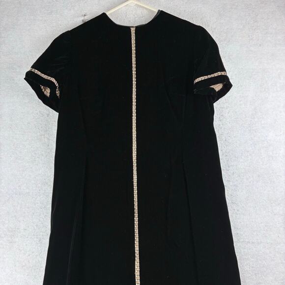 Vintage Nat Kaplan New York Black Velvet Shift Dress Metallic Trim Union Made 14 - Picture 13 of 16